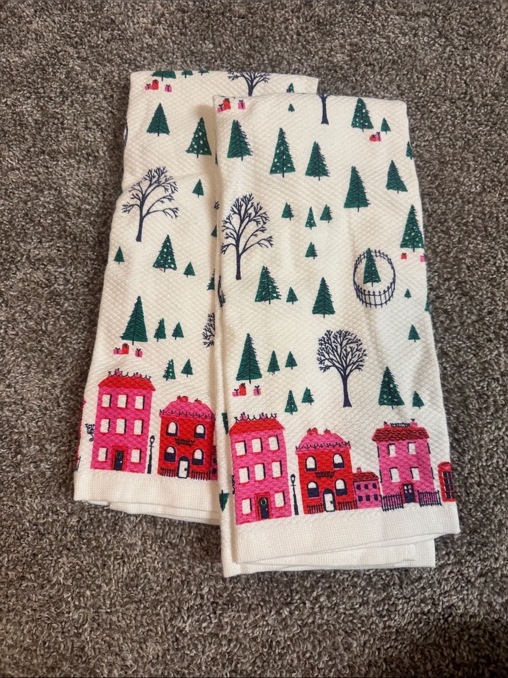 kate spade Cream Holiday Kitchen Towels with Pink and Green Village Print